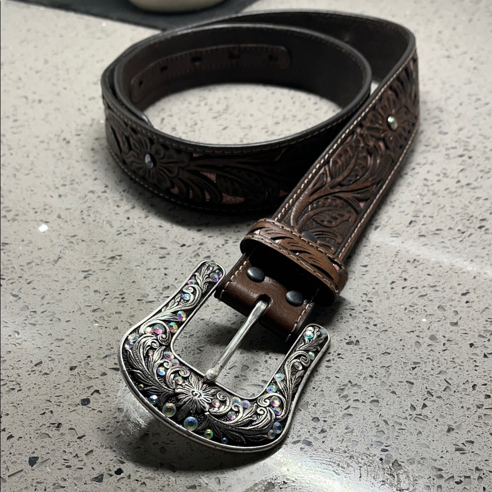 Women’s Floral Ariat Dark Brown Leather Belt